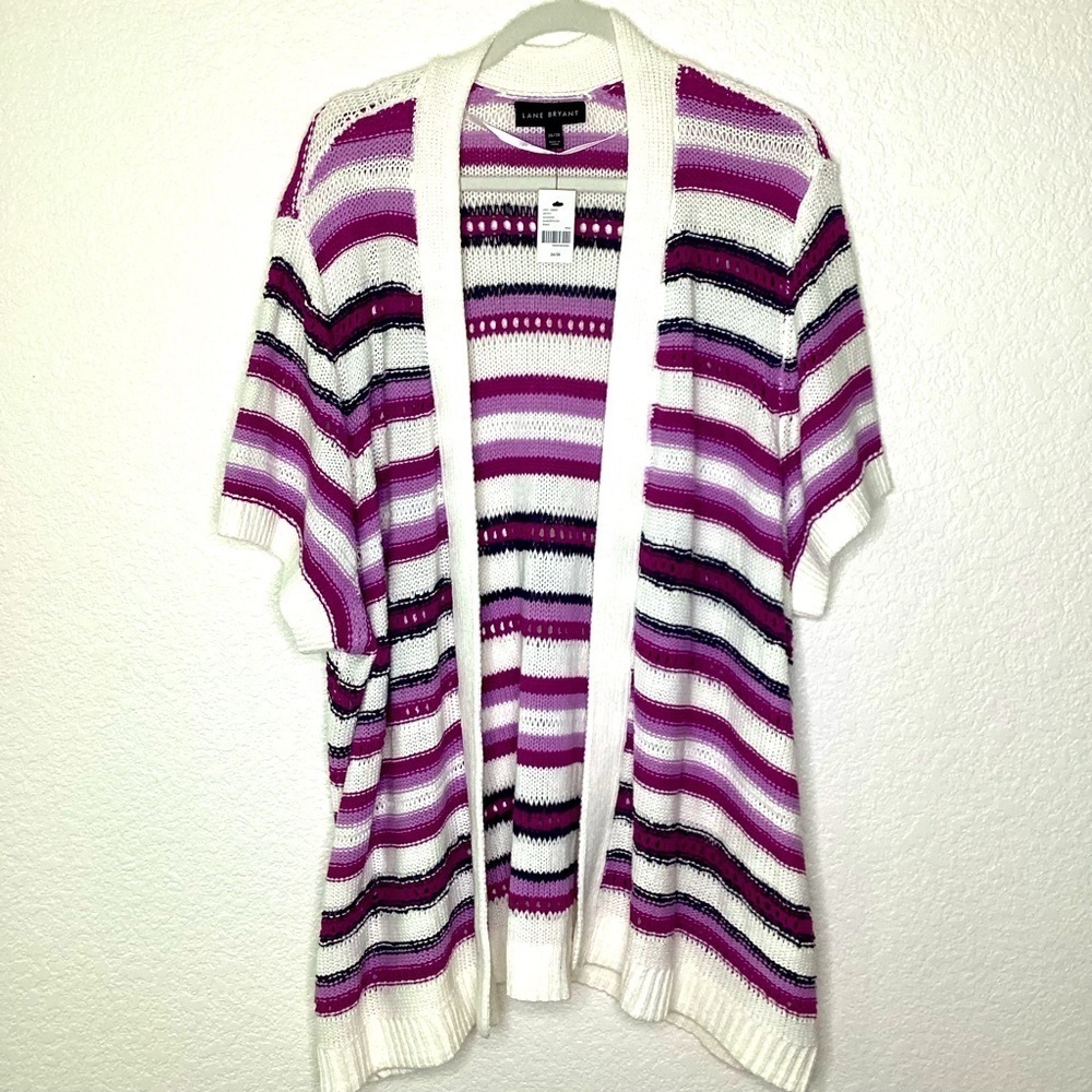 LANE BRYANTβ PLUS SIZE 26 28 4X TOP KNIT CARDIGAN SWEATER PURPLE STRIPES FALL